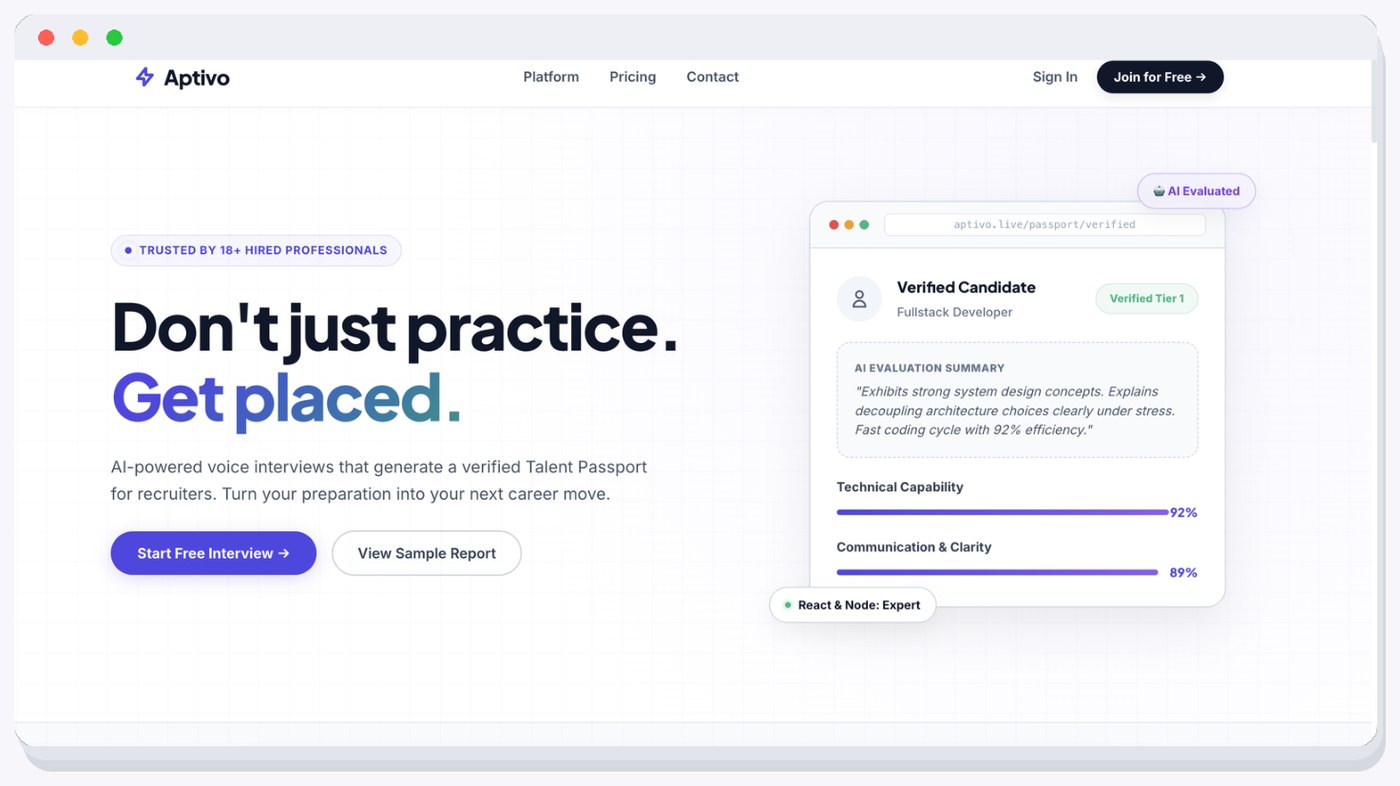 Aptivo landing page — an AI voice-interview platform