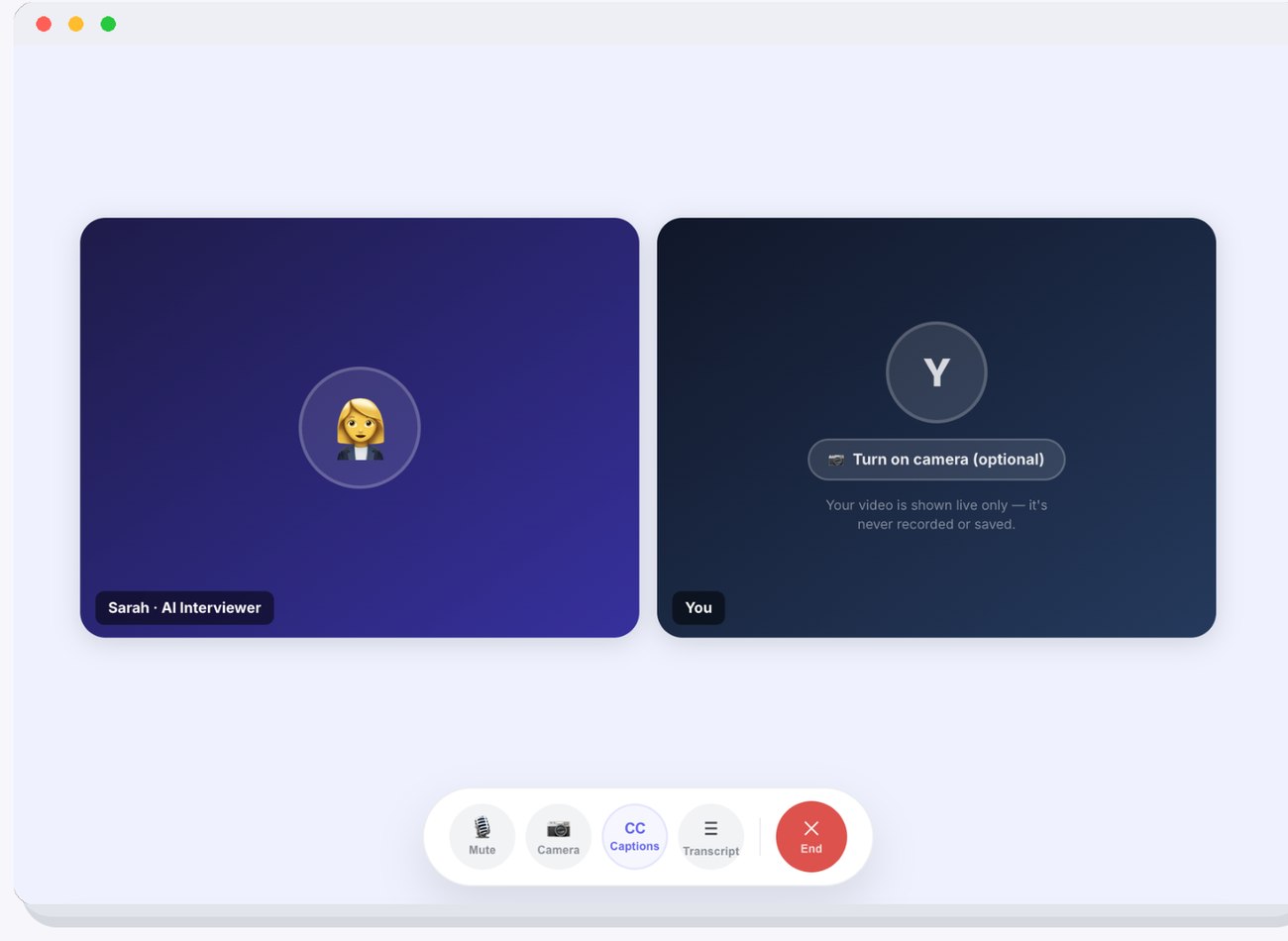 Live voice interview screen with Sarah the AI interviewer and the candidate's camera-optional tile