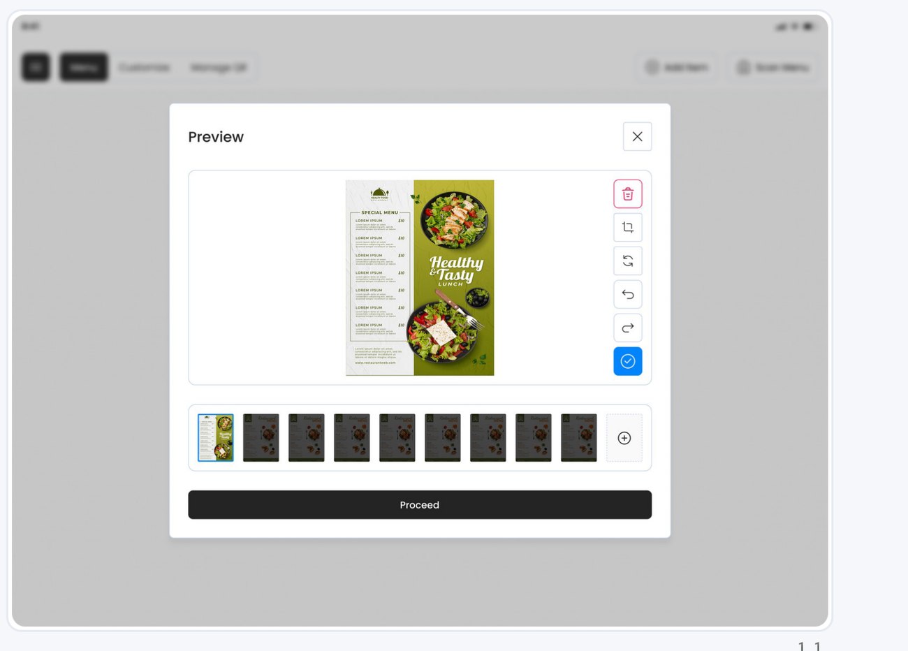 FRI AI menu setup screen showing a scanned paper menu being converted into digital items