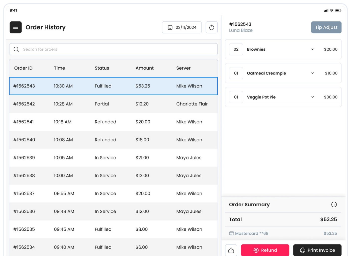 FRI Order History screen showing a searchable order log and payment detail panel