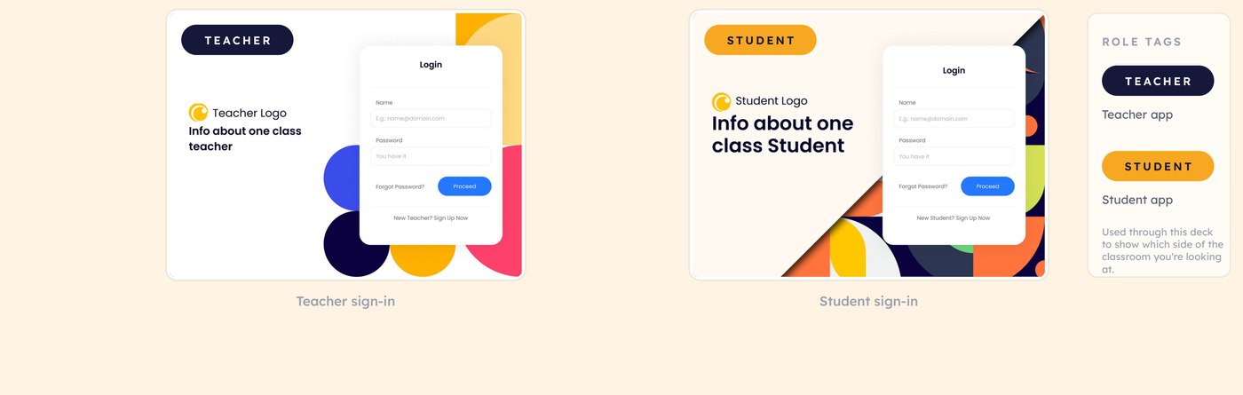 Teacher sign-in and student sign-in screens, sharing the same visual language