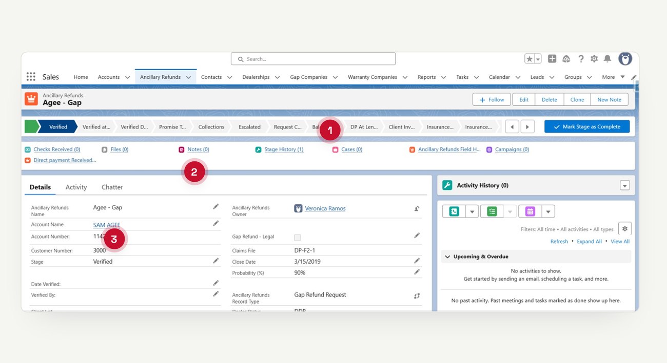 Default Salesforce refund detail page with a 12-stage progress bar running off-screen and a flat row of links