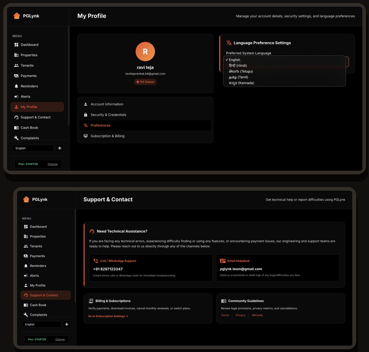 Profile screen with a language preference dropdown showing English, Hindi, Telugu, Tamil and Kannada, and a Support & Contact screen with phone and WhatsApp channels