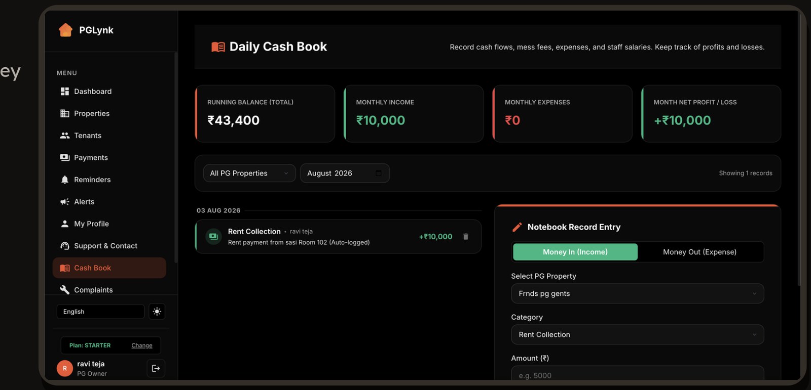 Daily Cash Book screen showing running balance, monthly income, expenses and net profit