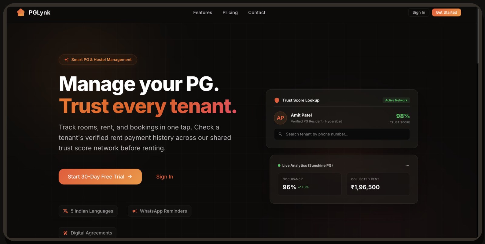 PGLynk landing page — a PG and hostel management platform with a tenant trust-score lookup