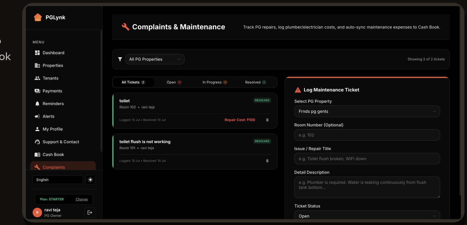 Complaints and Maintenance screen showing repair tickets with status and repair cost