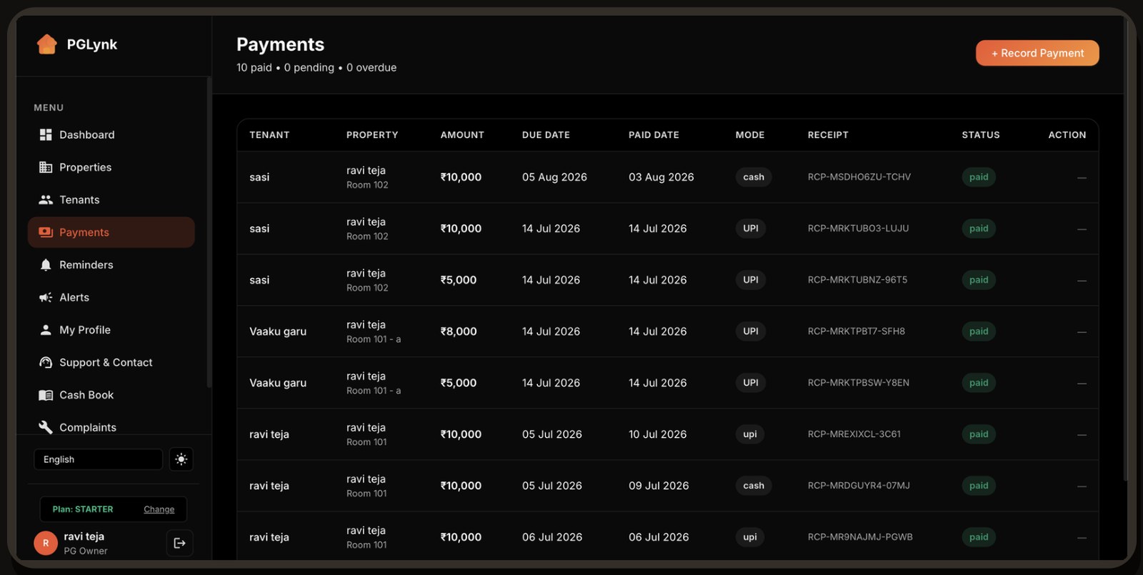 Payments screen listing rent payments with amount, due date, paid date, mode and auto-generated receipt IDs