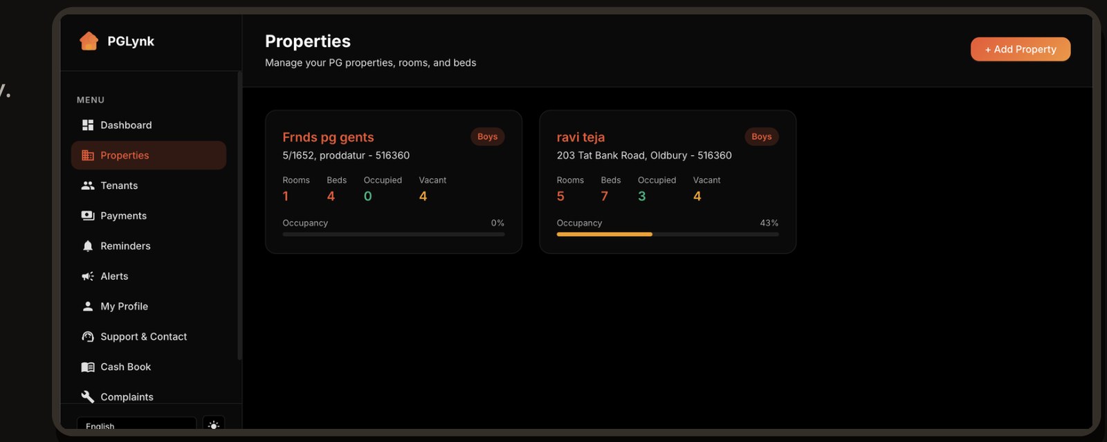 Properties screen showing two PG cards with room, bed and occupancy counts