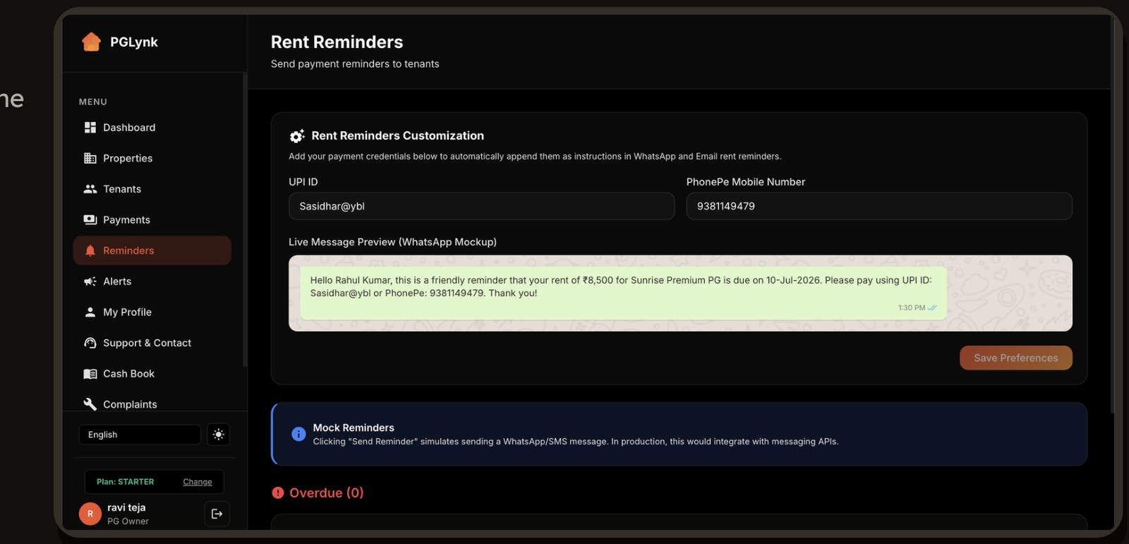 Rent reminders screen with UPI ID, PhonePe number and a live WhatsApp message preview