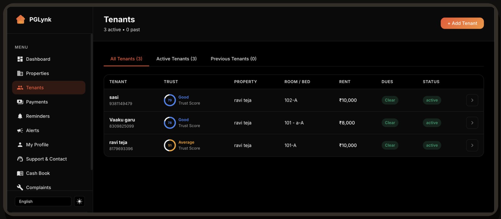 Tenants screen with a Trust Score, property, room, rent and dues status for each tenant